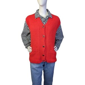 Vintage Hand-Knit Red Wool Sweater Vest | Chunky Button-Front | Women’s L